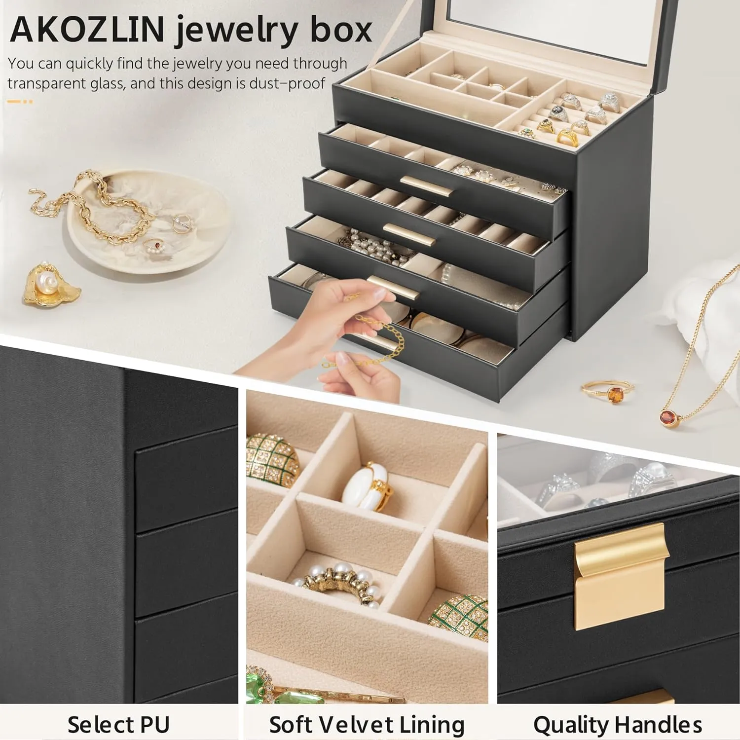 AKOZLIN 5-Tier Jewelry Box with Clear Glass Lid Functional Leather Jewelry Storage Organizer Case 4 Drawers for Women Girls Necklace Ring Bracelet Earring