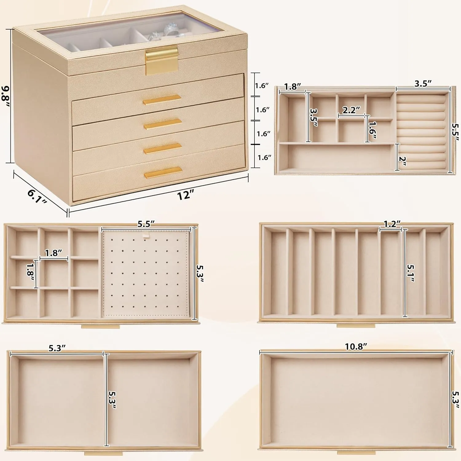 AKOZLIN 5-Tier Jewelry Box with Clear Glass Lid Functional Leather Jewelry Storage Organizer Case 4 Drawers for Women Girls Necklace Ring Bracelet Earring