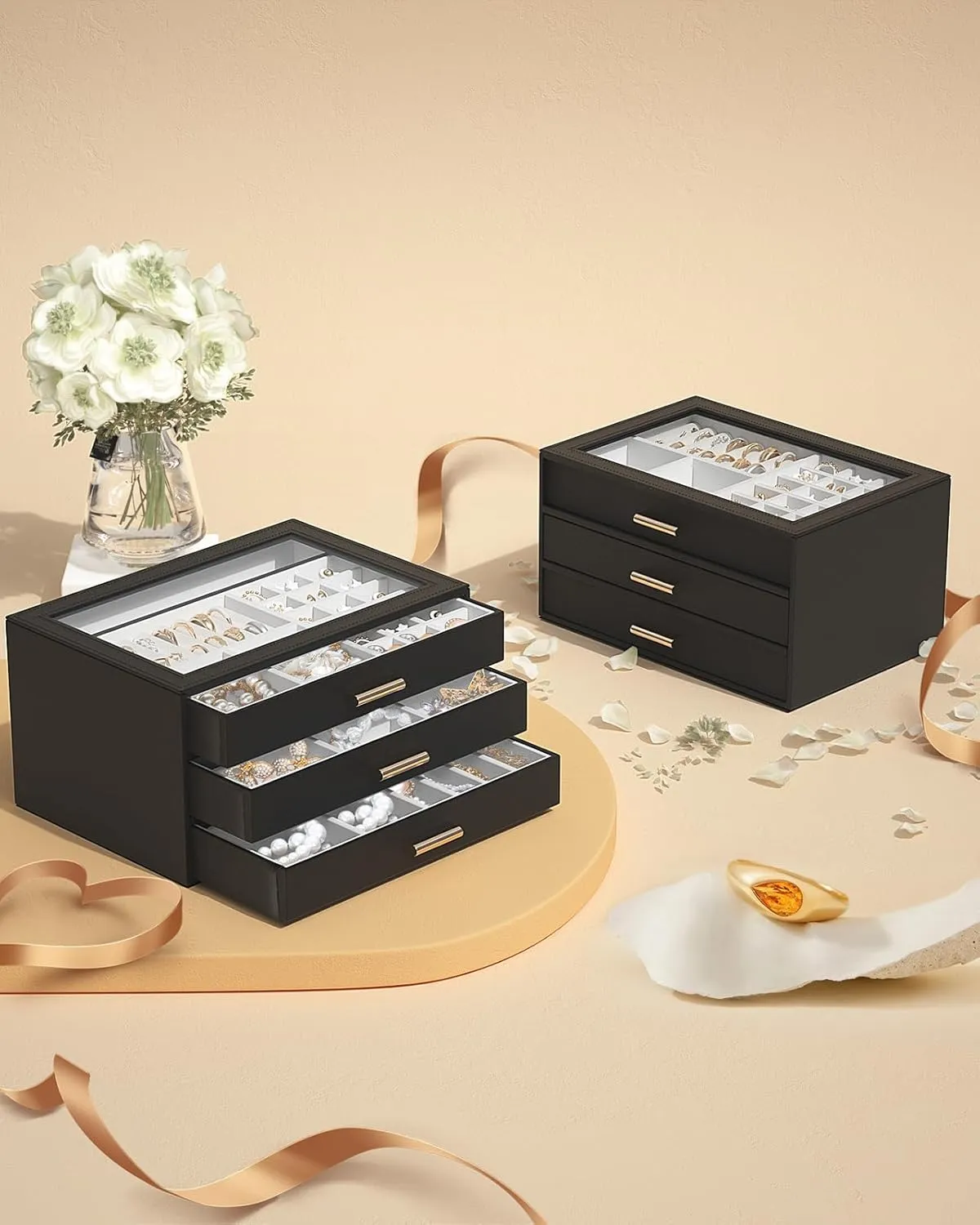AKOZLIN Jewelry Box with Clear Lid Functional Leather Jewelry Storage Organizer Case 3 Drawers for Women Girls Necklace Ring Bracelet Earring