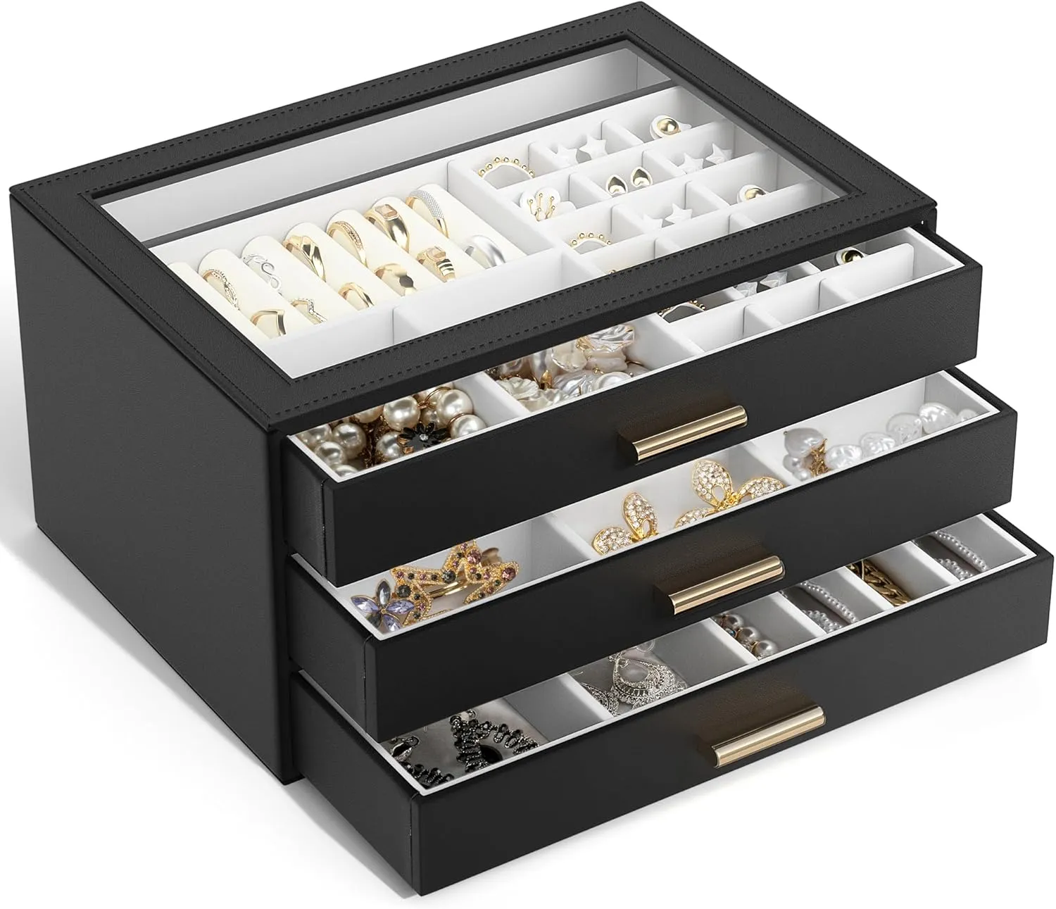 AKOZLIN Jewelry Box with Clear Lid Functional Leather Jewelry Storage Organizer Case 3 Drawers for Women Girls Necklace Ring Bracelet Earring