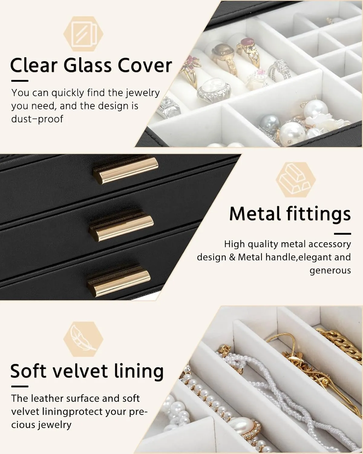 AKOZLIN Jewelry Box with Clear Lid Functional Leather Jewelry Storage Organizer Case 3 Drawers for Women Girls Necklace Ring Bracelet Earring