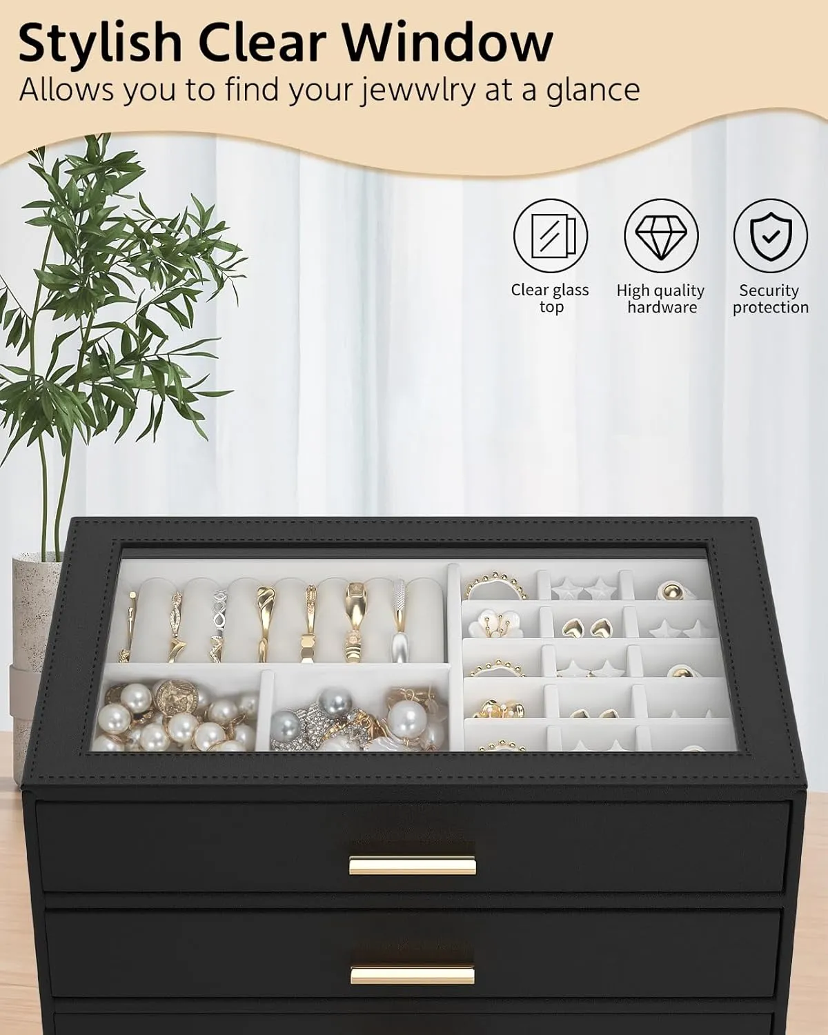 AKOZLIN Jewelry Box with Clear Lid Functional Leather Jewelry Storage Organizer Case 3 Drawers for Women Girls Necklace Ring Bracelet Earring