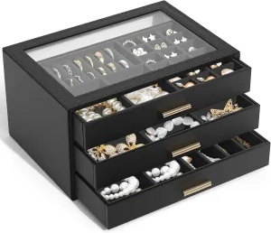 AKOZLIN Jewelry Box with Clear Lid Functional Leather Jewelry Storage Organizer Case 3 Drawers for Women Girls Necklace Ring Bracelet Earring