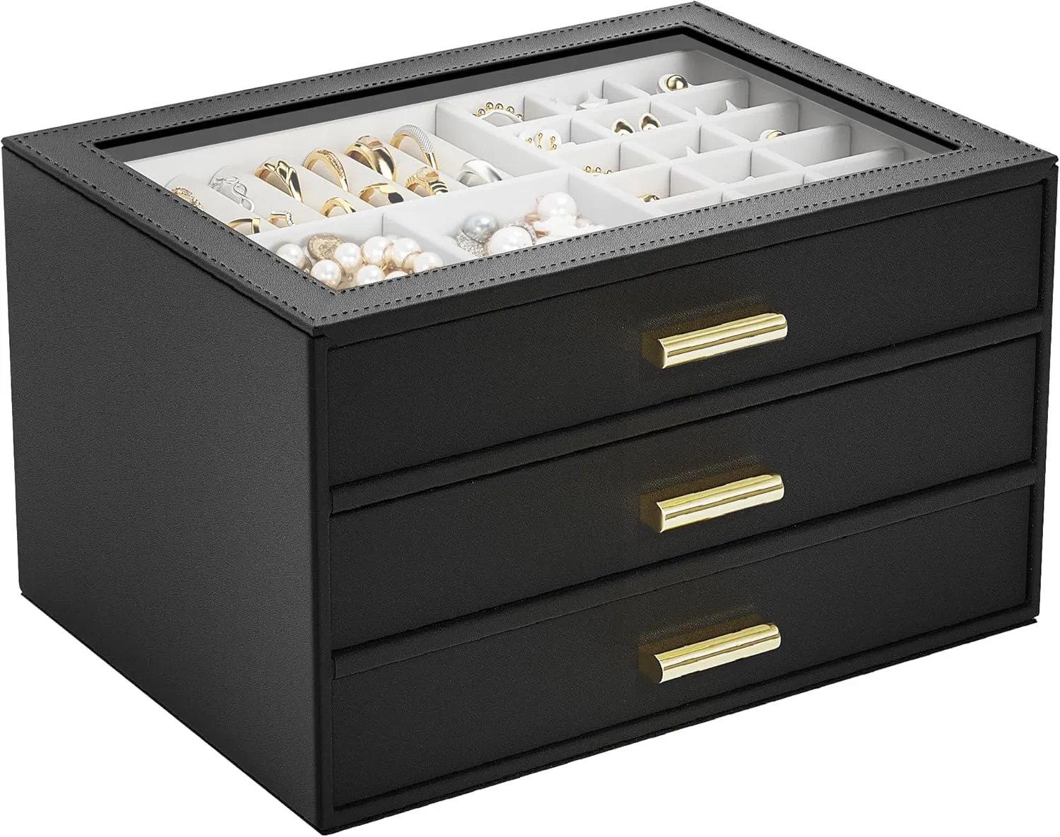 AKOZLIN Jewelry Box with Clear Lid Functional Leather Jewelry Storage Organizer Case 3 Drawers for Women Girls Necklace Ring Bracelet Earring