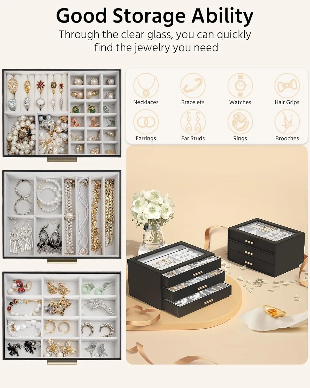 AKOZLIN Jewelry Box with Clear Lid Functional Leather Jewelry Storage Organizer Case 3 Drawers for Women Girls Necklace Ring Bracelet Earring