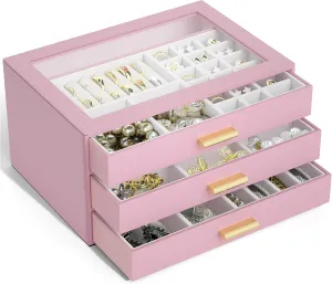 AKOZLIN Jewelry Box with Clear Lid Functional Leather Jewelry Storage Organizer Case 3 Drawers for Women Girls Necklace Ring Bracelet Earring