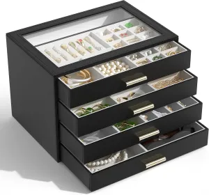 AKOZLIN Jewelry Box with Clear Lid Functional Leather Jewelry Storage Organizer Case 4 Drawers for Women Girls Necklace Ring Bracelet Earring
