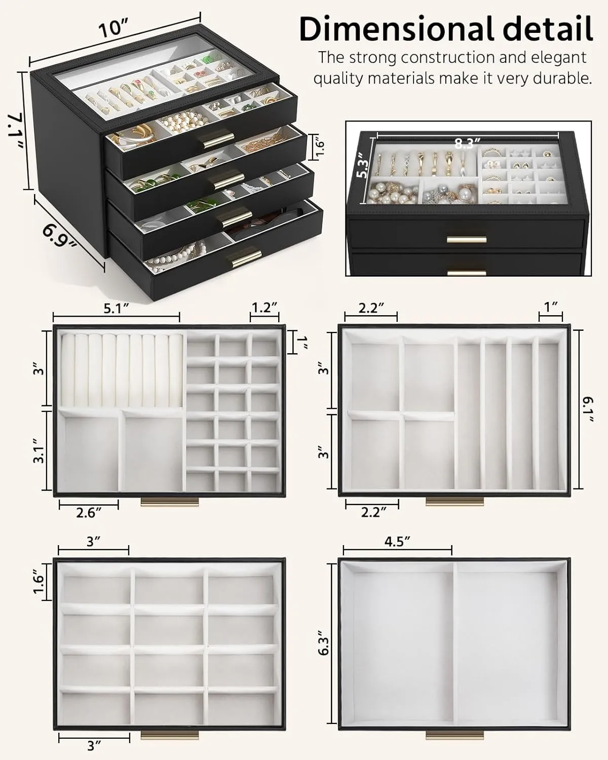 AKOZLIN Jewelry Box with Clear Lid Functional Leather Jewelry Storage Organizer Case 4 Drawers for Women Girls Necklace Ring Bracelet Earring