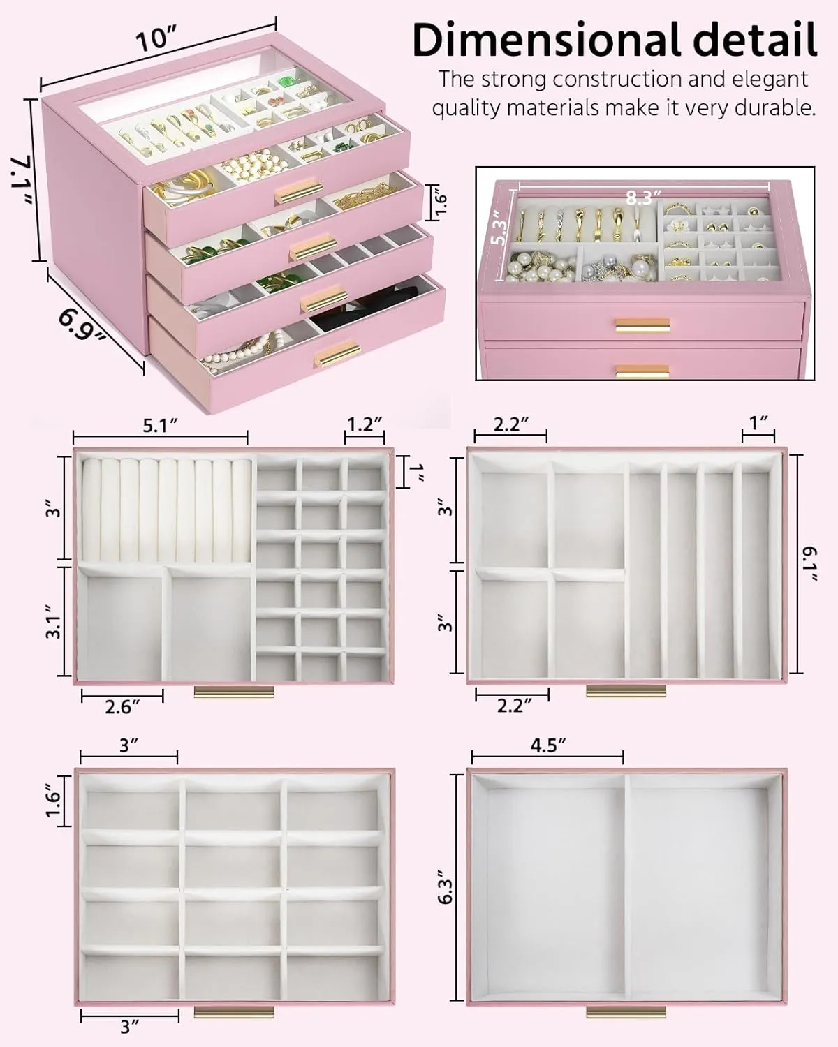 AKOZLIN Jewelry Box with Clear Lid Functional Leather Jewelry Storage Organizer Case 4 Drawers for Women Girls Necklace Ring Bracelet Earring