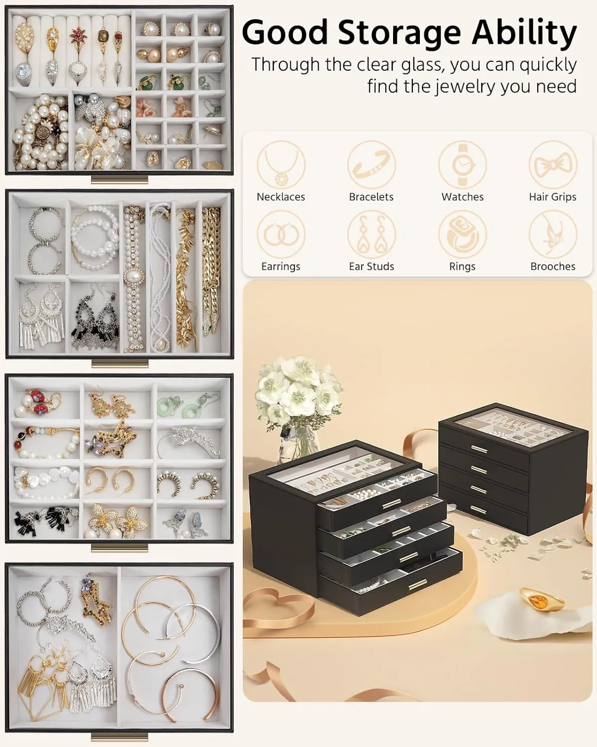 AKOZLIN Jewelry Box with Clear Lid Functional Leather Jewelry Storage Organizer Case 4 Drawers for Women Girls Necklace Ring Bracelet Earring