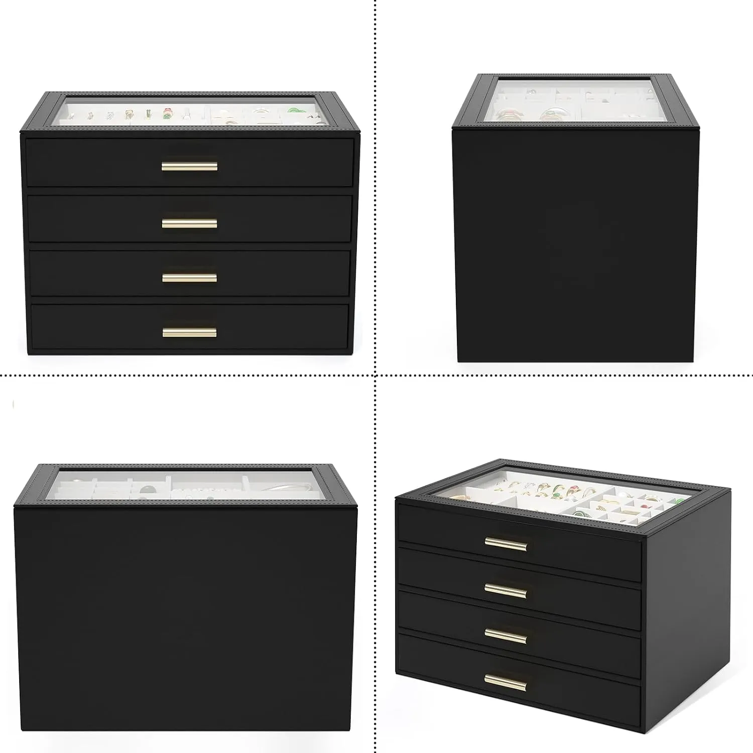 AKOZLIN Jewelry Box with Clear Lid Functional Leather Jewelry Storage Organizer Case 4 Drawers for Women Girls Necklace Ring Bracelet Earring
