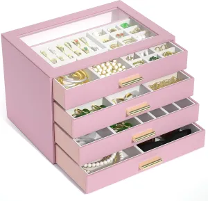 AKOZLIN Jewelry Box with Clear Lid Functional Leather Jewelry Storage Organizer Case 4 Drawers for Women Girls Necklace Ring Bracelet Earring