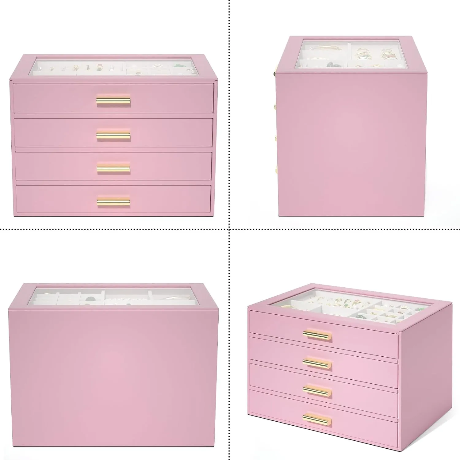 AKOZLIN Jewelry Box with Clear Lid Functional Leather Jewelry Storage Organizer Case 4 Drawers for Women Girls Necklace Ring Bracelet Earring