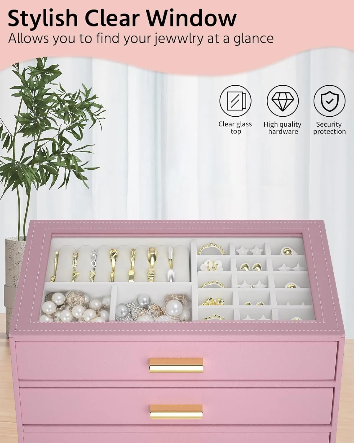 AKOZLIN Jewelry Box with Clear Lid Functional Leather Jewelry Storage Organizer Case 4 Drawers for Women Girls Necklace Ring Bracelet Earring