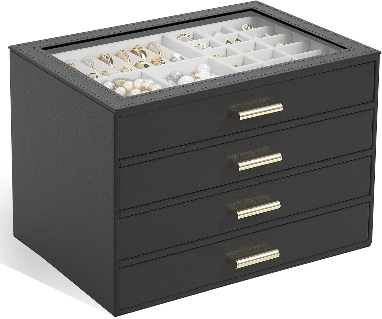 AKOZLIN Jewelry Box with Clear Lid Functional Leather Jewelry Storage Organizer Case 4 Drawers for Women Girls Necklace Ring Bracelet Earring