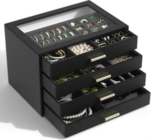AKOZLIN Jewelry Box with Clear Lid Functional Leather Jewelry Storage Organizer Case 4 Drawers for Women Girls Necklace Ring Bracelet Earring