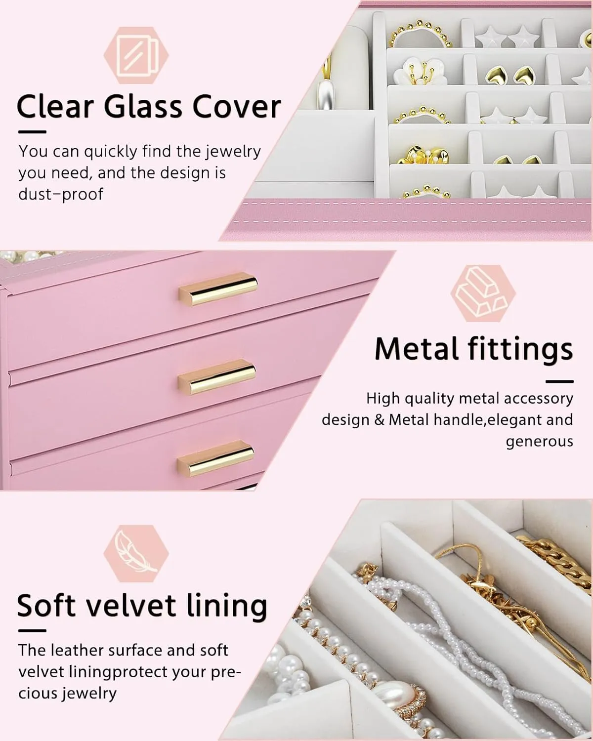 AKOZLIN Jewelry Box with Clear Lid Functional Leather Jewelry Storage Organizer Case 4 Drawers for Women Girls Necklace Ring Bracelet Earring
