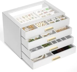 AKOZLIN Jewelry Box with Clear Lid Functional Leather Jewelry Storage Organizer Case 4 Drawers for Women Girls Necklace Ring Bracelet Earring