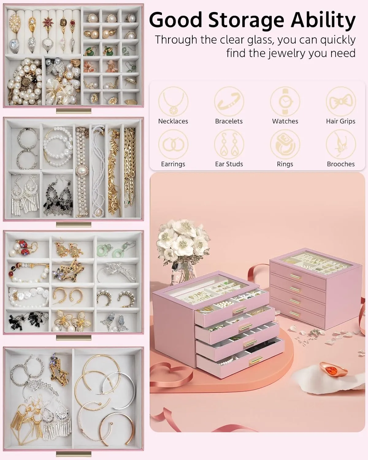 AKOZLIN Jewelry Box with Clear Lid Functional Leather Jewelry Storage Organizer Case 4 Drawers for Women Girls Necklace Ring Bracelet Earring