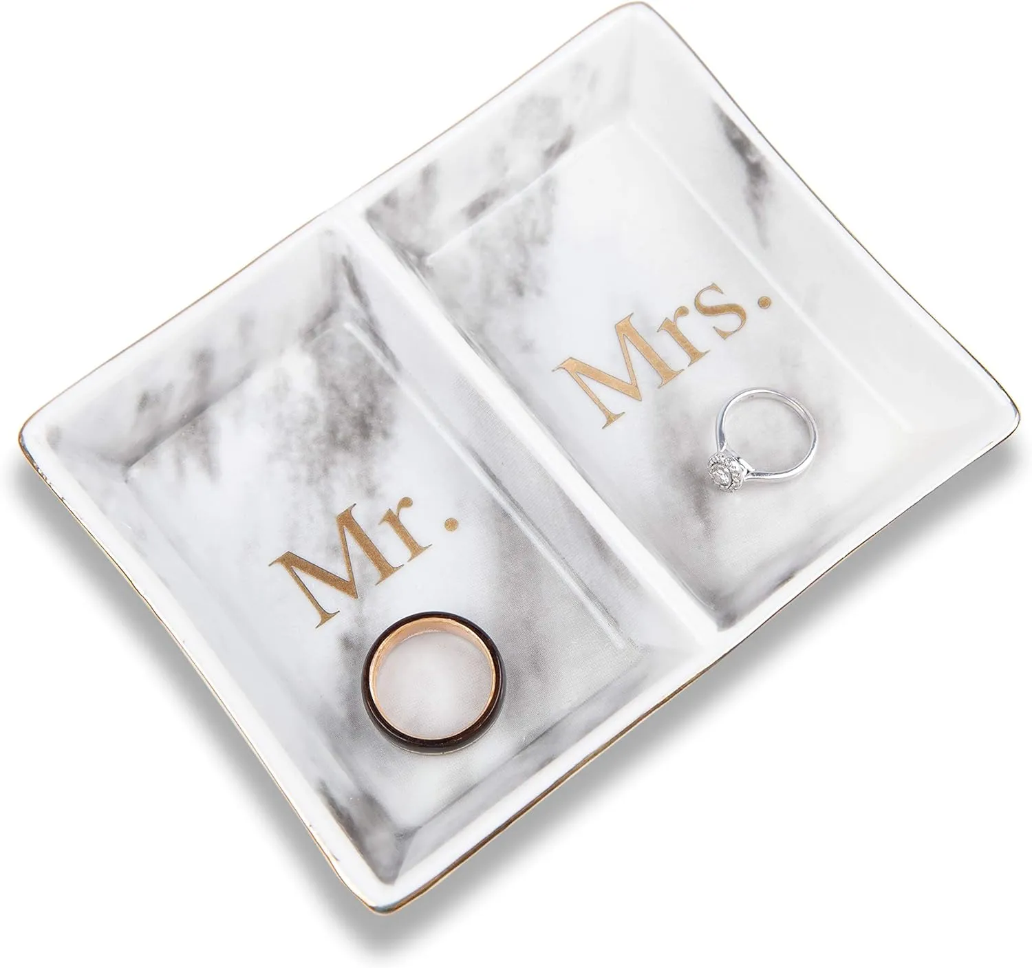 Aller Home & Kitchen Mr. & Mrs. Ring Dish - Marble Design Trinket Dish, Couples Ring Holder Dish - His and Hers Two Section Jewelry Dish Tray, Great for Wedding and Engagement Gifts
