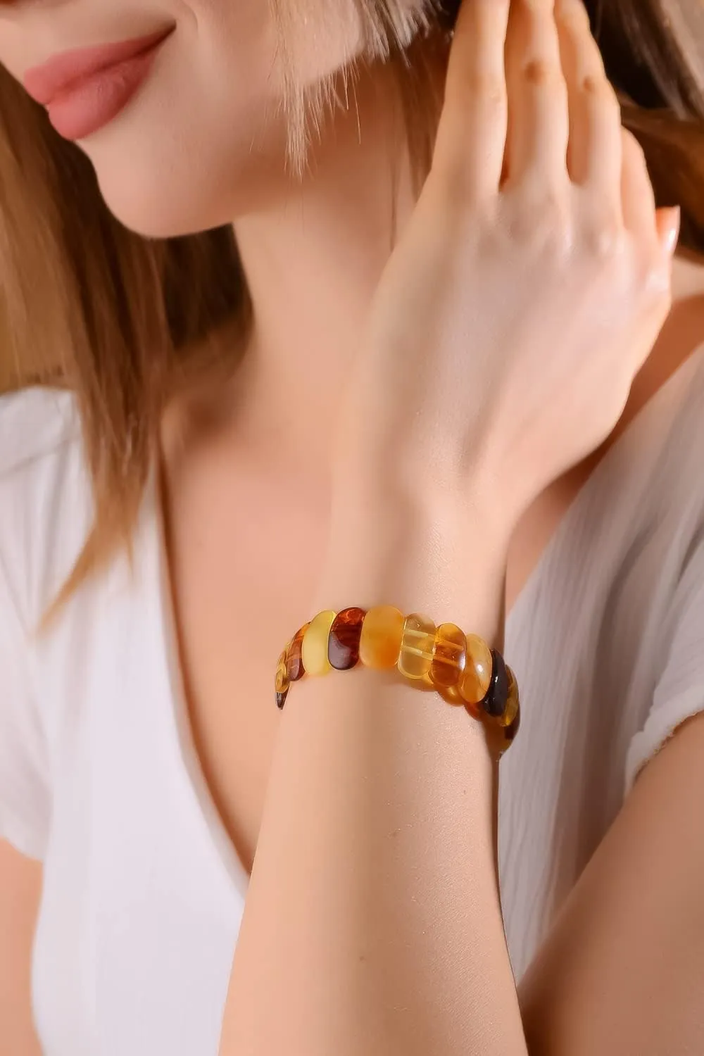 Amber Stretch Bracelet for Women  7 - Unique Stone Cut Bracelet Amber Stone Jewelry for Adults