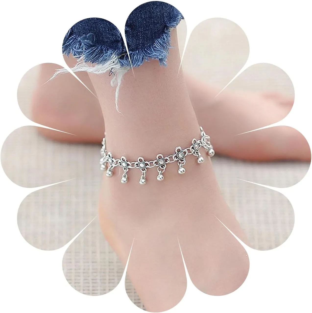 Andelaisi Boho Flower Tassel Ankle Bracelet Silver Bead Dangle Anklet Bracelet Vintage Hollow Flower Chain Anklet Sliver Bead Drop Anklet Foot Chain Jewelry for Women