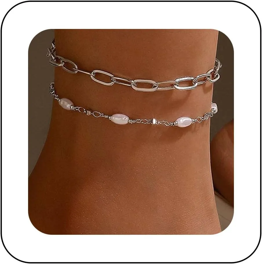 Andelaisi Boho Pearl Ankle Bracelet Silver Oval Pearl Anklet Bracelet Layered Paperclip Chain Anklet White Pearl Beaded Anklet Foot Chain Jewelry for Women 2Pcs