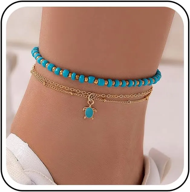 Andelaisi Boho Turquoise Ankle Bracelet Layered Turquoise Bead Anklet Vintage Turtle Dangle Anklet Gold Sea Turtle Anklet Foot Chain Jewelry for Women