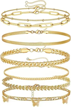 Ankle Bracelets for Women, Tennis Snake Figaro Chain Anklets for Summer, 14k Gold Plated Adjustable Beach Anklet Set, 6pcs Dainty Layered Rhinestone Jewelry Gift for Her