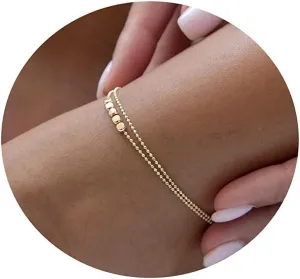 Anklet for Women 14K Gold Plated Ankle Bracelets Silver Anklet Waterproof Pearl Cubic Zirconia Rhinestone Heart Beads Herringbone Cuba Link Chain Anklets Dainty Jewelry
