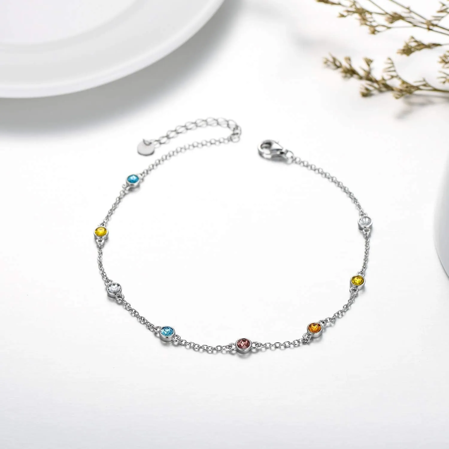 AOBOCO Sterling Silver Rainbow Planet Galaxy Anklet, Multicolor Crystals from Austria, Ankle Bracelet Foot Bracelet for Women Anniversary Birthday Sister Wife Jewelry Gifts