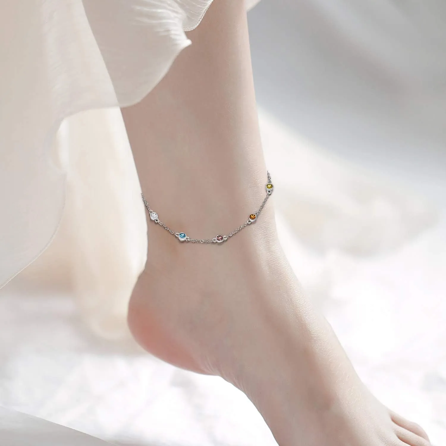 AOBOCO Sterling Silver Rainbow Planet Galaxy Anklet, Multicolor Crystals from Austria, Ankle Bracelet Foot Bracelet for Women Anniversary Birthday Sister Wife Jewelry Gifts