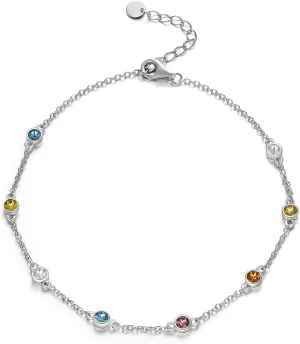 AOBOCO Sterling Silver Rainbow Planet Galaxy Anklet, Multicolor Crystals from Austria, Ankle Bracelet Foot Bracelet for Women Anniversary Birthday Sister Wife Jewelry Gifts