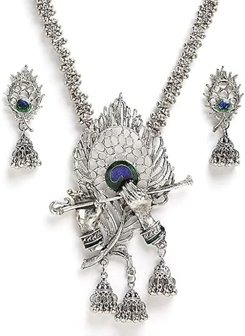 Artificial Imitation Oxidised Jewellery Lord Krishna Rajputana Rajasthani Style Antique Traditional Stylish Ethnic Wear Long Rani Haar Necklace set with & Earrings By Indians Collectible2023