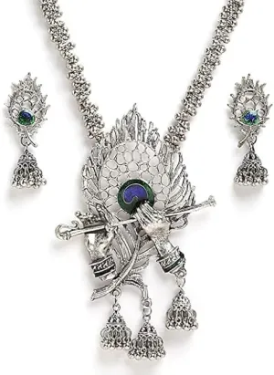 Artificial Imitation Oxidised Jewellery Lord Krishna Rajputana Rajasthani Style Antique Traditional Stylish Ethnic Wear Long Rani Haar Necklace set with & Earrings By Indians Collectible2023