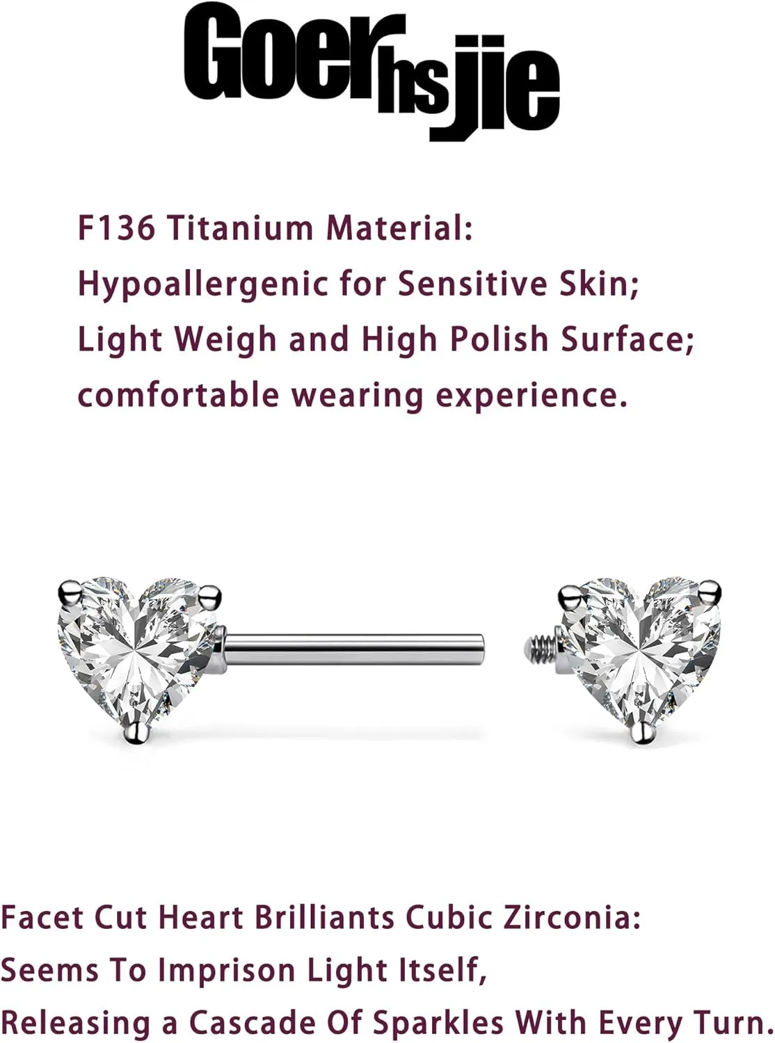 ASTM F136 Titanium Multicolor Heart CZ 14G Internally Threaded Nipple Piercing Rings Barbells Jewelry for Women Hypoallergenic