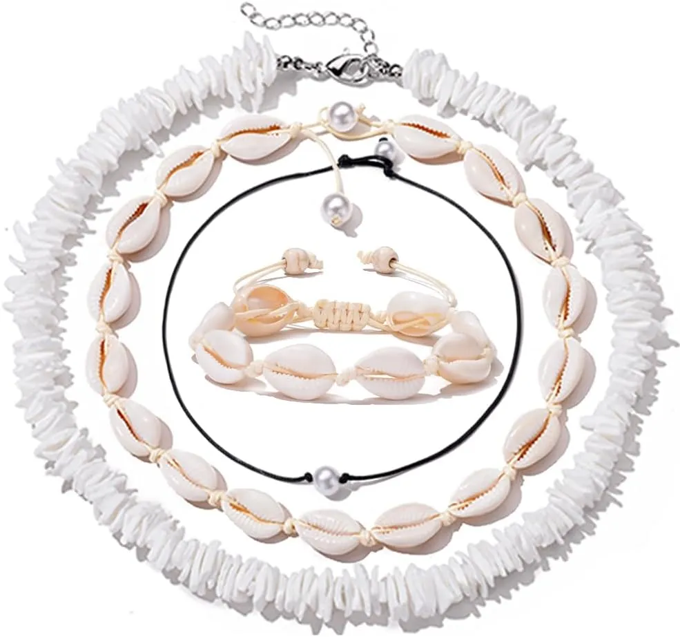ATIMIGO White Puka Shell Hawaiian Cowrie Shell Pearl Beach Choker Handmade Adjustable Summer Clavicle Necklace - Surfer Jewelry for Women & Men