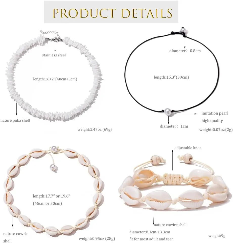 ATIMIGO White Puka Shell Hawaiian Cowrie Shell Pearl Beach Choker Handmade Adjustable Summer Clavicle Necklace - Surfer Jewelry for Women & Men