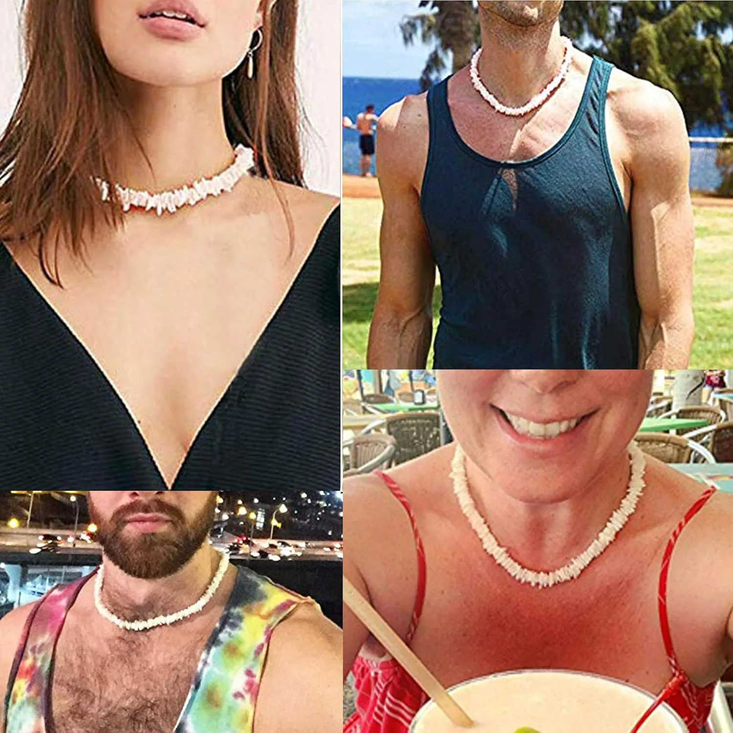 ATIMIGO White Puka Shell Hawaiian Cowrie Shell Pearl Beach Choker Handmade Adjustable Summer Clavicle Necklace - Surfer Jewelry for Women & Men