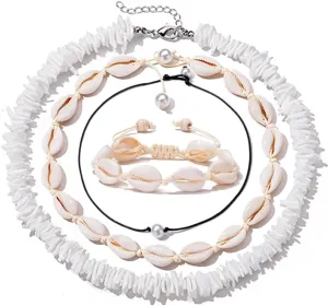 ATIMIGO White Puka Shell Hawaiian Cowrie Shell Pearl Beach Choker Handmade Adjustable Summer Clavicle Necklace - Surfer Jewelry for Women & Men