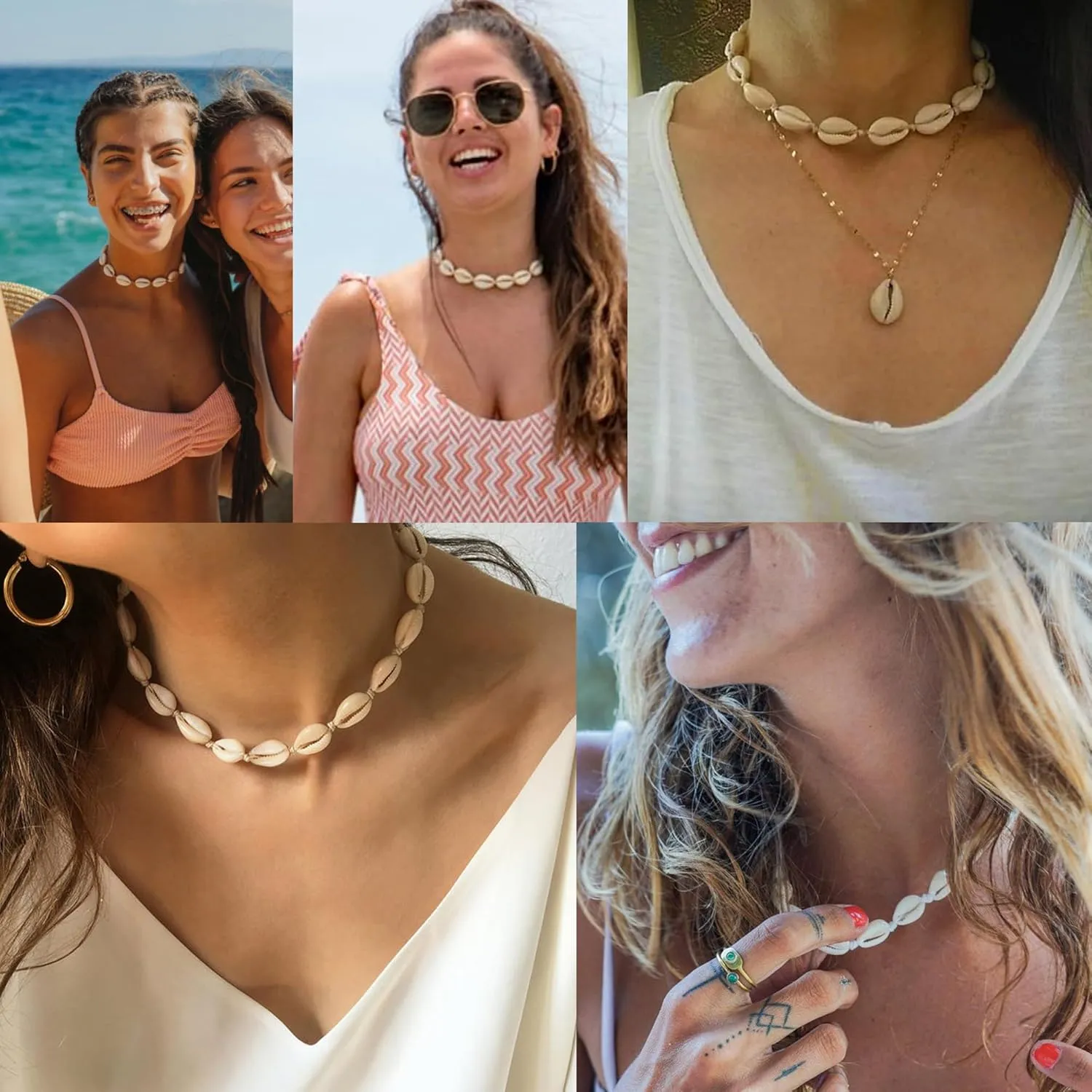 ATIMIGO White Puka Shell Hawaiian Cowrie Shell Pearl Beach Choker Handmade Adjustable Summer Clavicle Necklace - Surfer Jewelry for Women & Men