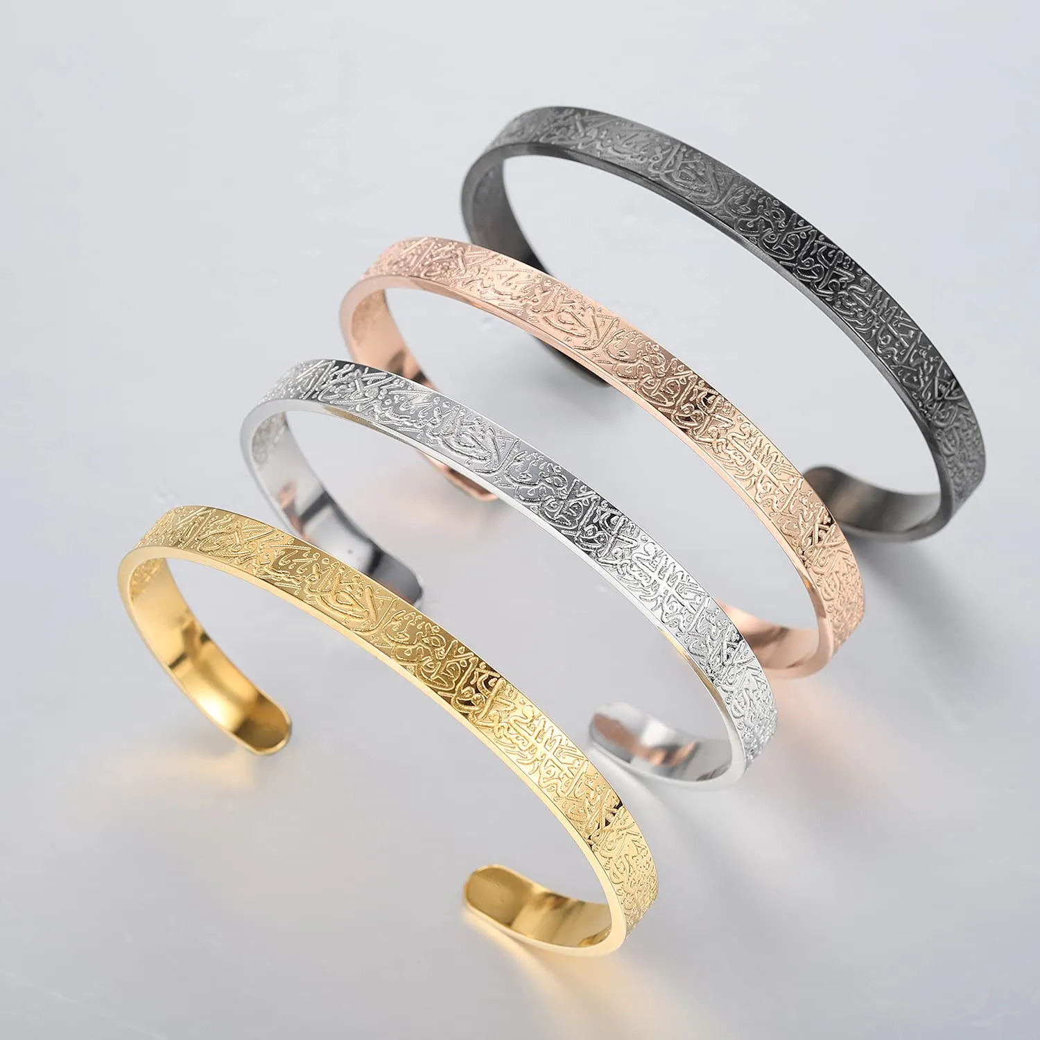 AYATUL KURSI CUFF | WOMEN Serenity Prayer Personalised Bracelet Allah Islam Muslim Arab Stainless Steel Deep Engraved Bangle (2 Steel color 1 Black)