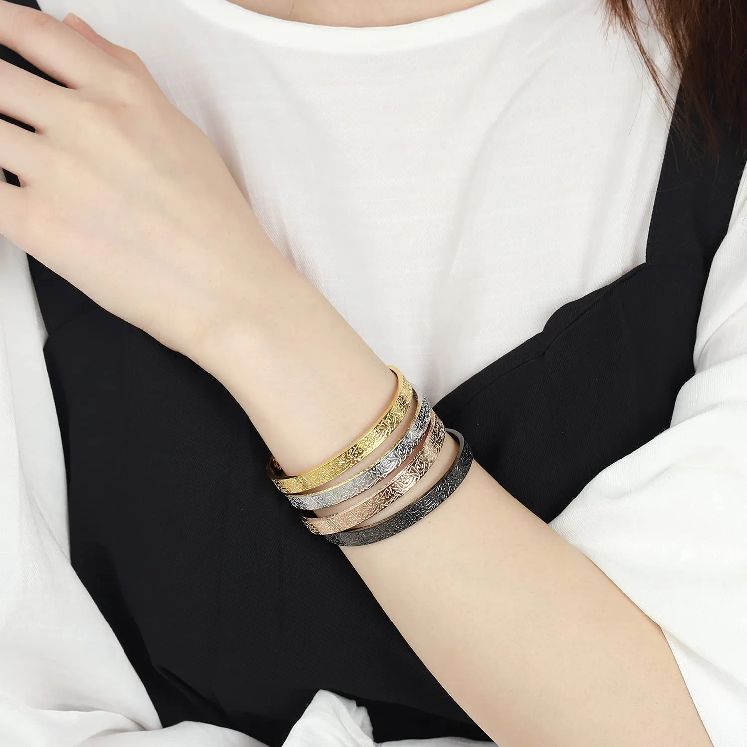 AYATUL KURSI CUFF | WOMEN Serenity Prayer Personalised Bracelet Allah Islam Muslim Arab Stainless Steel Deep Engraved Bangle (2 Steel color 1 Black)