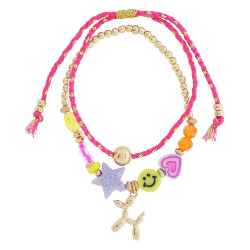 Balloon Dog, Pink Cord Adjustable Bracelet- set of 2
