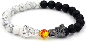 Bead Bracelets for Men and Women Natural Black Lava White Howlite Buddha Dragon Beaded Stone Bracelet Good Luck Charm Jewelry Gift Adjustable