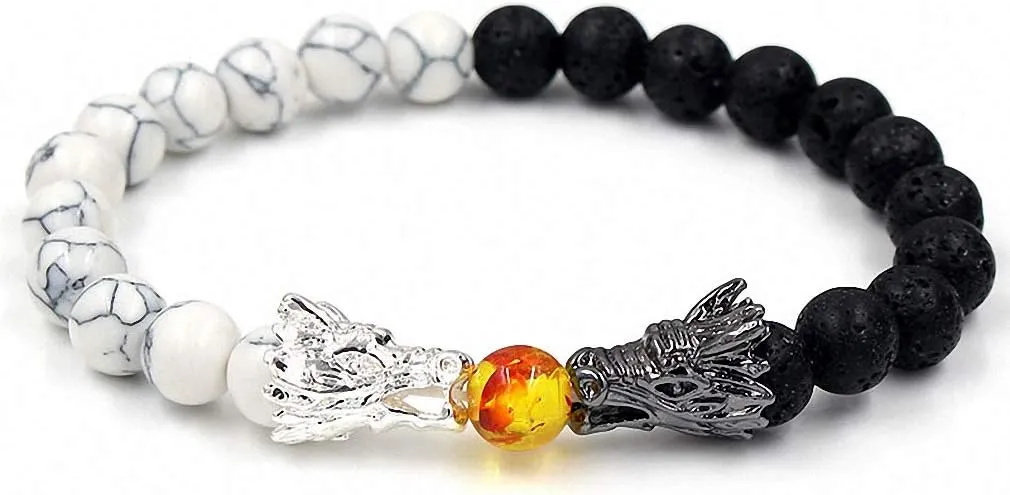 Bead Bracelets for Men and Women Natural Black Lava White Howlite Buddha Dragon Beaded Stone Bracelet Good Luck Charm Jewelry Gift Adjustable