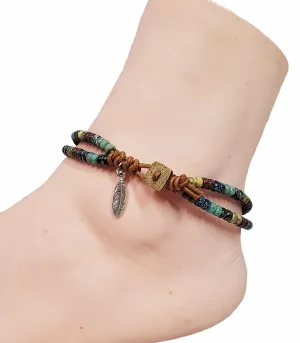 Beaded Leather Wrap Anklet Women Handmade Leather Ankle Cuff Bracelet 9 Inches