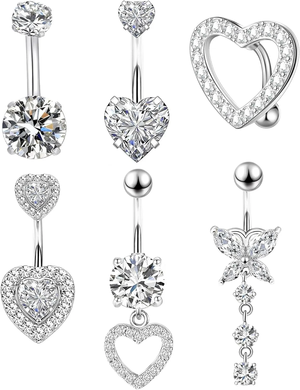 Belly Button Ring Dangle Navel Belly Piercing Jewelry Cute CZ Heart Butterfly Bow Flower Belly Rings for Women Surgical Steel Belly Button Piercing