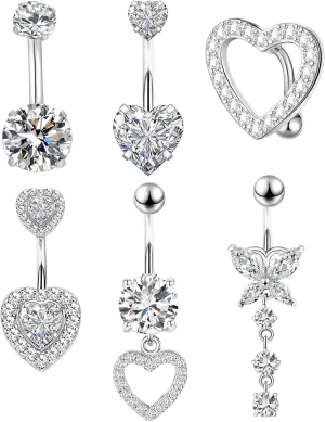 Belly Button Ring Dangle Navel Belly Piercing Jewelry Cute CZ Heart Butterfly Bow Flower Belly Rings for Women Surgical Steel Belly Button Piercing