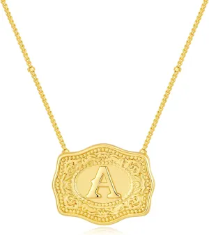 Belt Buckle Necklace With Initial For Women, 18k Gold Plated Mini Embossed Letter Pendant Western Charm Gift Jewelry